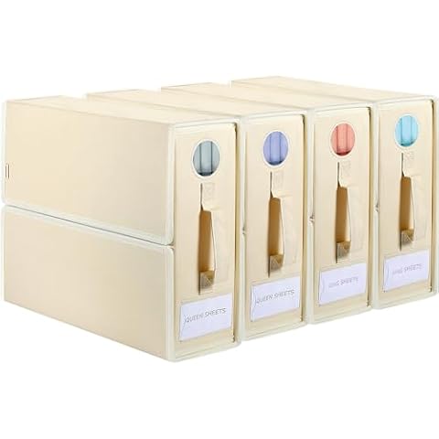 Voova Bed Sheet Organizers and Storage 4 Pack,Foldable Sheet Organizer for Linen Closet,Folder Bedding Storage Box Container for Bedsheets,Duvet Cover Set,Blankets and Pillow(Queen & King Size),Beige Cover