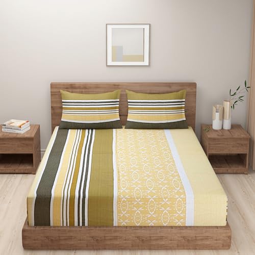 Image of Swayam 100% Cotton Double Bedsheet with 2 Pillow Covers | Size 90 x 100 inch | 144 TC | Striped Design | Soft Breathable Bed Sheet | Comfortable & Durable for Bedroom - Yellow & Green