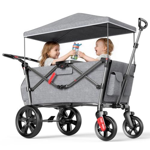 EVER ADVANCED Wagon for Kids to Sit in Stroller Wagon for 2 Kids with Removable Canopy Pull Along with Seats 5-Point Harnesses Portable Push Pull Cart with Adjustable Handle Bar