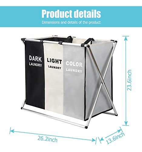 Laundry Cloth Hamper Sorter Basket Bin Foldable 3 Sections With Aluminum Frame 26''×24''H Washing Storage Dirty Clothes Bag For Bathroom Bedroom Home Storage Basket (3 Liner, White+Grey+Black) #TOP1