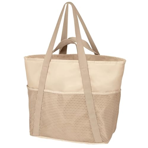Large Beach Bag, Beach Bags Waterproof Sandproof Large Capacity Tote Bag with Mesh Pocket Zipper Closure Machine Washable Casual Tote for Summer Outdoor, Beige