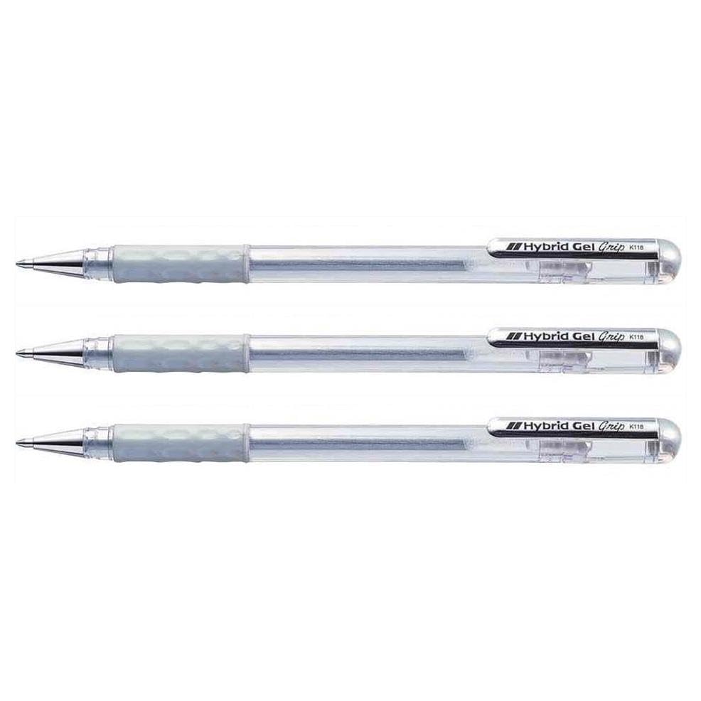 Pentel K118 Hybrid Gel Grip Ink Rollerball Pens 0.8 mm Tip Metallic Silver (Pack of 3)