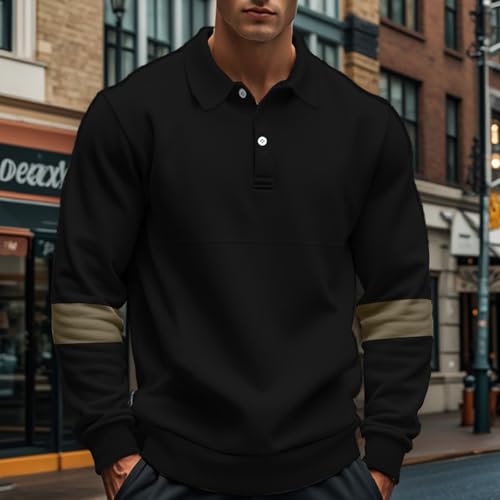 Mens Quarter Sweatshirt Casual Long Sleeve Polo Collar Quilted Sweatshirt Striped Button Pullover Shirts3