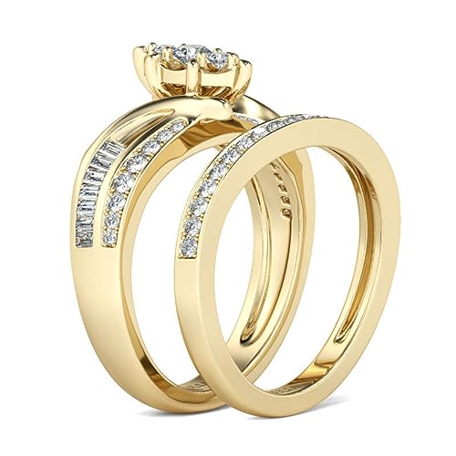 Jeulia Gold Tone Cluster Round Cut Sterling Silver Ring Set for Engagement Anniversary Eternity Promise Wedding Band Ring Set With Jewelry Box3