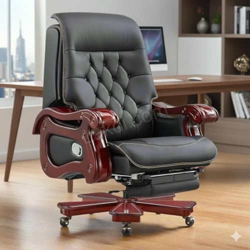Image of Lakdi The Furniture High Back Director & Executive Chair for Office Made in Solid Wood with Leatherette Upholstery & Recliner and Foot Rest with Wheelbase & Revolving Chair - 111011315 Black