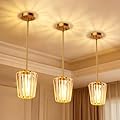 Rayspan Crystal Pendant Lights Kitchen Island 3 Pack, Modern Gold Pendant Light Fixtures Mini Adjustable Chandeliers for Kitchen Island Dinning Room Bedroom Hallway with E26 Base (Bulbs Not Included)