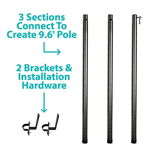IYN Stands Outdoor String Light Pole Stand - 9.5 Feet, Black, Weather Resistant Powder Coated Steel - Mount to Fence, Wall with Mounting Brackets (2 Pack)