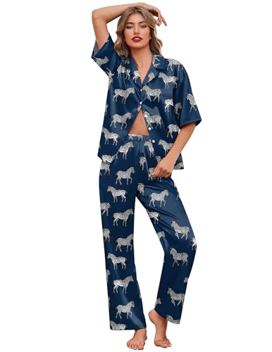 Ekouaer Silk Satin Pajamas Set Women Short Sleeve Pj Sets Button Down Sleepwear 2 Piece Soft Loungewear S-XXL