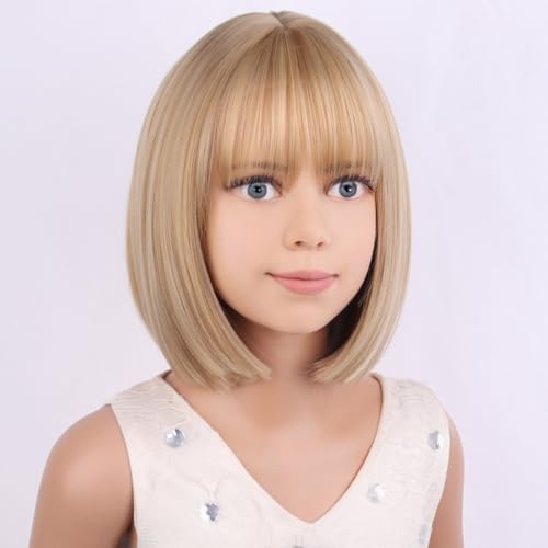 Image of PATTNIUM Kids Blonde Bob Wig Child Short Straight Mixed Blonde Wig for Girls Cosplay Party Synthetic Rose Net Daily Wear Wigs