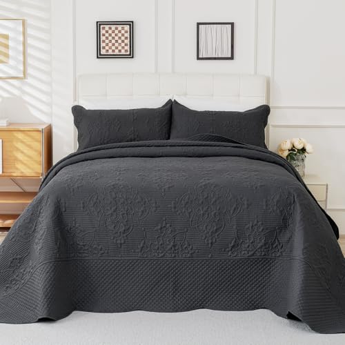 Image of EVENHUG Oversized King Bedspreads California King Quilt Set with Pillow Shams Extra Wide Large King Size Quilts Lightweight Coverlet Bedding Sets Dark Grey 120 inchx128 inch