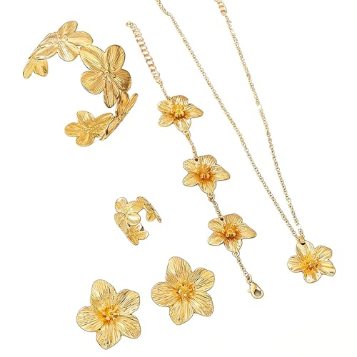 XFSRG Ensemble Bijoux Femme Fleurs, Collier Boucles D'Oreilles Fleurs, Acier Inoxydable Élégante Bijoux pour Fête Hawaïenne Thème