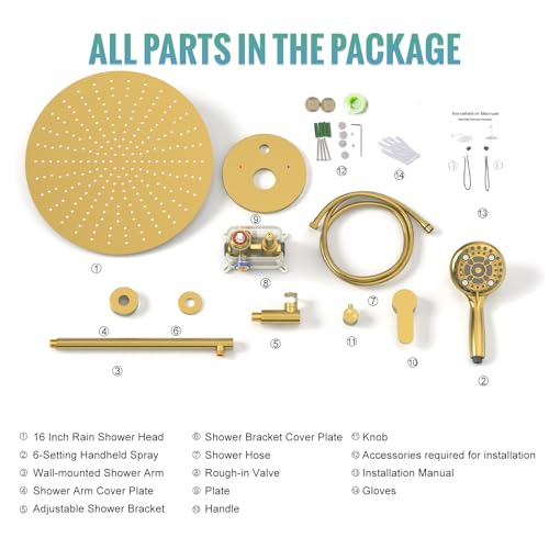 Image of SR SUN RISE Shower Faucet - 16 Inch Multifunctional High Pressure Shower Head System with Handheld Shower Head Fixtures - Valve Included - Brushed Gold