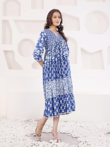 Image of SAVI Blue Cotton Lurex A Line Detailed Dress