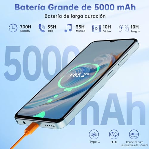 OUKITEL C5 Telefono Movil 2025, 16GB RAM+256GB ROM/TF 1TB, 6.52" HD Pantalla Telefonos Moviles Libres, Batería 5000mAh Android 14 Smartphone, Cámara 13MP+5MP, 4G Dual SIM/Face ID/OTG/3.5mm Jack, Azul - imagen 4