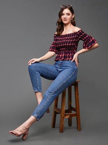 Image of Miss Chase Women's Round Neck Half Sleeves Cotton Lace and Pearl Detailing