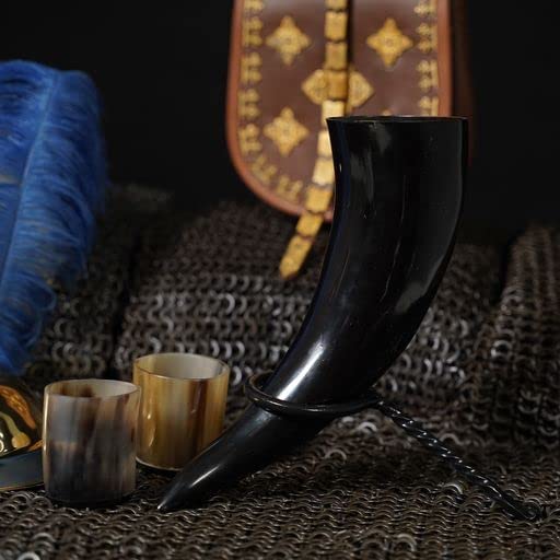 Mythrojan Corne à boire authentique d'inspiration médiévale Viking Wine/Hydromel 500 ml Bundle avec porte-corne de bière forgé à la main et verre à shot en corne de viking, paire de verres à shot