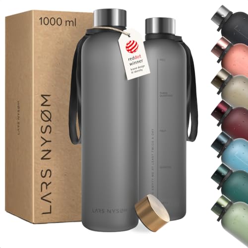 Image of LARS NYSOM Water Bottle 34oz | Drinking Bottle 1 Liter | Ultralight Tritan Sports Flask leak-proof | Ideal for sports, office, yoga | 2 lids included (Ash Gray, 33.9oz)