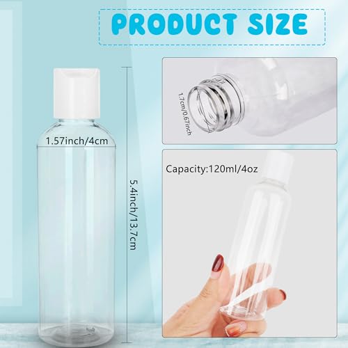 54 Pack 4 oz Plastic Squeeze Bottles with White Disc Top Flip Lid Clear Empty Travel Containers Refillable Bottles for Shampoo Toiletries Lotion Body Soap Cream2