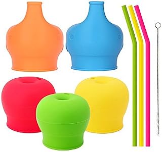 TOUGS Silicone Sippy Straw Cup Lids for Toddlers Babies (5 Pack) - Reusable, Spill-Proof, Durable - Stretches to Cover Tumblers, Yeti Rambler, Mason Jars, Cups and Mugs (Silicone Sippy Cup lids)