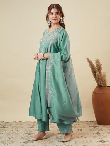 Image of MOKOSH Women's Silk Heavy Embroidered Anarkali Suit Set with Dupatta