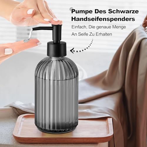 GMISUN Seifenspender, 425ml Schwarz Seifenspender Glas, 2 Stück Soap Dispenser Mit Pumpe, Modern Gestreifter Spülmittelspender Für Bad Und Küche, Pumpspender, Flüssigseifenspender 4