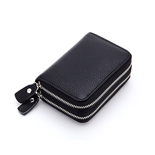 Ailzos Credit Card Wallet,RFID Blocking Leather Credit Card Holder and Double Zipper Credit Card Wallet for Women and Men,Black