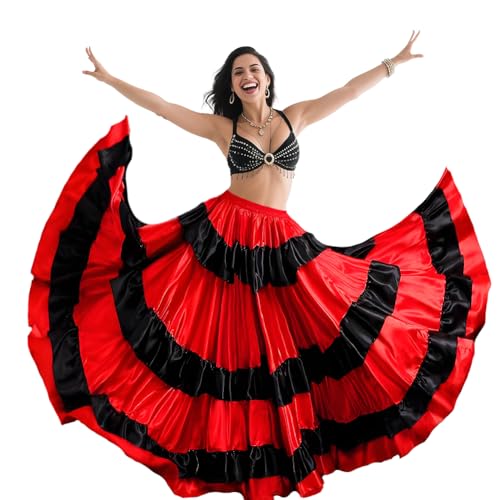 Rivoxi Womens 360 Degree Spanish Bull Dance Long Skirt Belly Dance Flowy Skirt Big Swing Flamenco Costume (Black-red)
