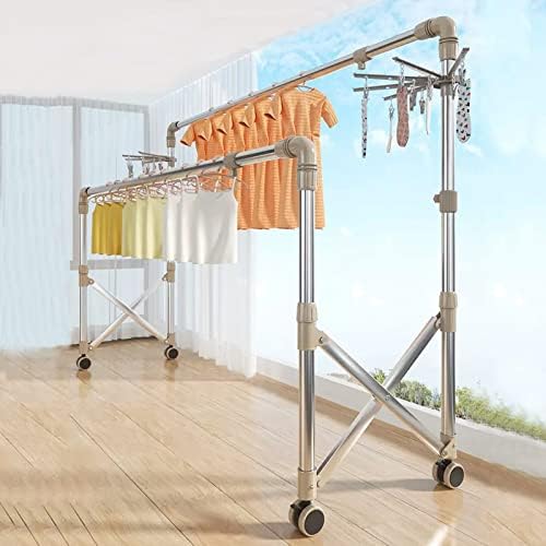 Foldable Clothes Drying Rack Stainless Steel Laundry Drying Rack, Movable Drying Rack with 6 Castors, Extendable Clothing Dryer Rack, with Large Spacing for Drying, with Sock Tray Holder