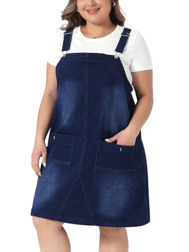 Image of Agnes Orinda Plus Size Women's Denim Overalls Dress Adjustable Strap Bib Suspender Skirts Jumper Jeans Dresses with Pockets