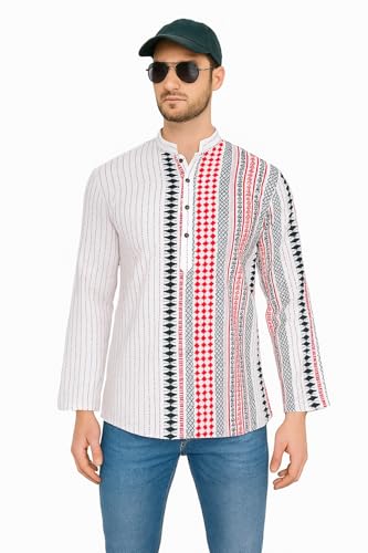 Image of Men's Printed Cotton Blend Full Sleeve Straight Kurta Regular Fit Short Kurta Shirt for Men