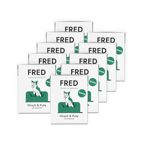 FRED Senior Nassfutter Hirsch & Pute – 28 % Hirsch & 12 % Putenherzen – speziell für ältere Hunde – mit Amaranth, Spirulina & Grünlippmuschel – 390 g Tetra Pak
