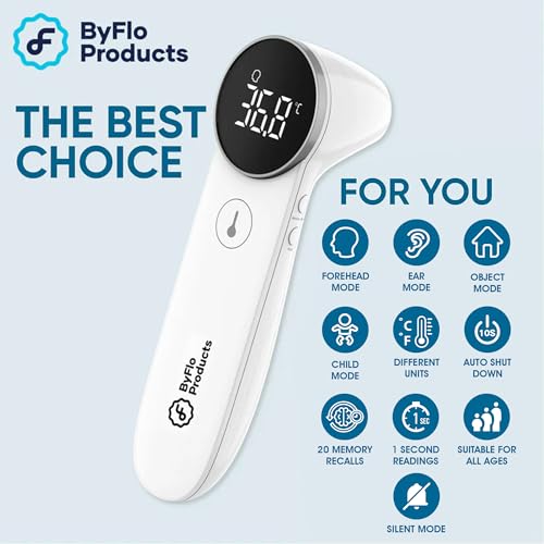 Thermomètre ByFloProducts, thermomètre auriculaire et frontal, thermomètre pour adultes et bébés, thermomètre numérique frontal, thermomètre infrarouge sans contact, mémoire de température et alarme de fièvre, facile à utiliser, fièrement canadien