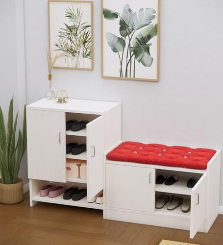 Image of SPECIALITY PANELS Shoe Rack with Cushioned Seating Bench | 2 Door Shoe Cabinet with Storage | Shoe Organizer for Entryway Home Living Room | Combo Set of 2 | DIY Assembly | White Finish