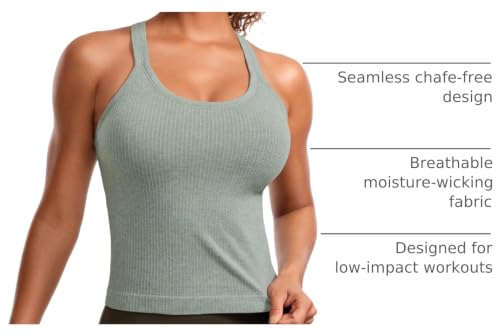 Image of CRZ YOGA Seamless Rib Racerback Tank Tops | Light Support, Built in Bra, Removable Pads, Yoga, Ribbed, High Neck, for Women