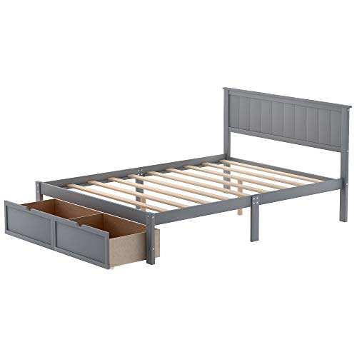 Softsea Wood Full Platform Bed Frame With Drawers And Headboard, Gray Full Bed Frame Mattress Foundation/Wood Slat Support, No Box Spring Needed(Full, Gray With Drawers) #TOP5
