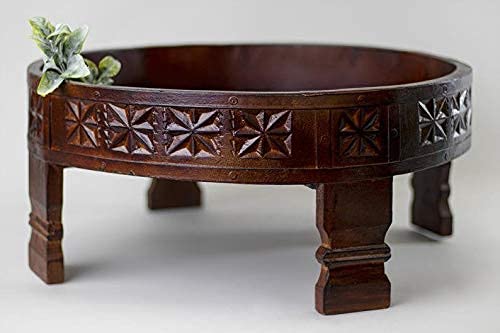 Wooden Indian Chakki Grinder Table, Engraved Distressed Finish Chakki Table, Indian Low Table, Carved Wooden Low Side Table, Coffee Table #TOP1