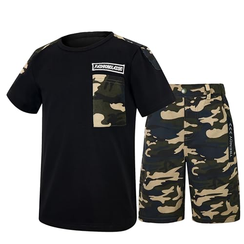 Image of LOLANTA Boy Summer Outfit Casual Clothes 2Pcs Cotton T-shirt Shorts Set | Kids Short Sleeve T-Shirt, Boy Camouflage Knee-length Shorts, Breathable Fashion Outfits, School Daily Matching Clothing Sets