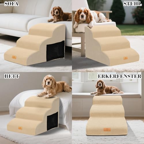 Thihome Hundetreppe 3 Stufen, Rutschfestem Hunderampe, Tragbar Haustiertreppe mit Abnehmbarem & Waschbarem Bezug, Hochdichtem Schwamm Hunde Treppe Katzentreppe für Bett und Sofa, 60x40x40cm