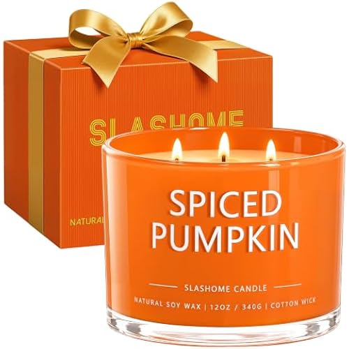 slashome Pumpkin Spice Scented Candle, 12 Oz 3-Wick Soy Wax Fall Home Decor