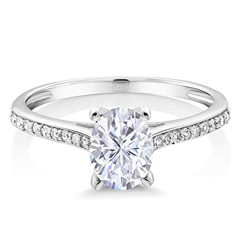 Gem Stone King 10K White Gold Moissanite and White Diamond Solitaire Engagement Ring For Women | 1.50 Cttw | Oval 8X6MM | Gemstone Birthstone | Available in Size 5,6,7,8,92