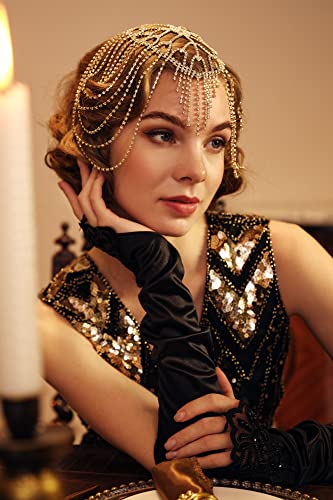 Babeyond Vintage Style Roaring 20S Crystal Rhinestone Flapper Cap Headpiece Head Jewelry Chains (Gold) #TOP3