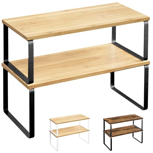 JUPPLIES - Pack 2 Organizador Cocina Estante para Especias - Organizador Armario Cocina Multiusos - Estanteria Cocina de Almacenamiento Apilable con Diseño de Bambu y Metal 19.5x29.7x15.8 cm