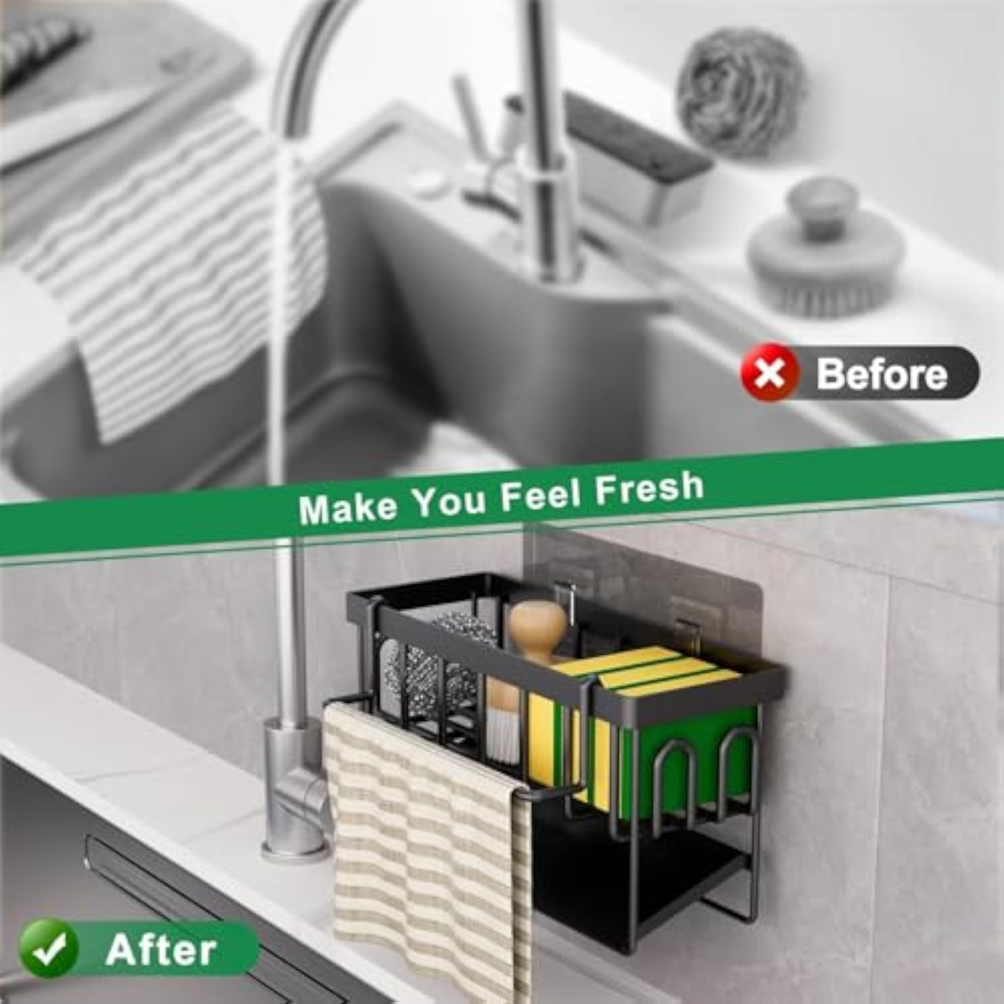 Rustproof Kitchen Sink Caddy Sponge Holder with Hook and Self-Drain Tray