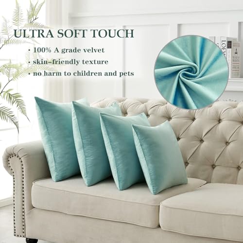 Image of 2 Piece Reversible Velvet Cushion Cover, 24x24 inch, Deep Teal | Soft Solid Decorative Throw Square Pillow Cases Modern Luxury Home Decor for Couch Sofa Bedroom Livingroom