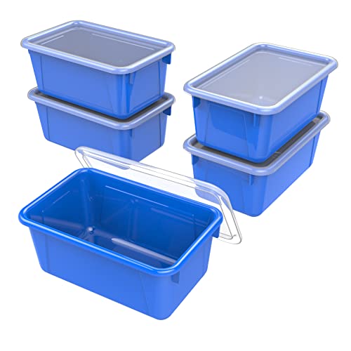 Image of Storex Small Cubby Bins - Plastic Storage Containers for Classroom with Non-Snap Lid, 12.2 x 7.8 x 5.1 inches, Blue,(62408U05C) (Pack of 5)