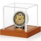 JupDec Coin Display Case, Clear Acrylic Showcase with Wood Base & Alloy Holder for Single Challenge Coin, UV Protection Souvenirs and Collectibles Box, Ideal Gift for Coin Fans, Brown