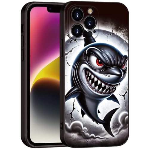 Printed Shark Pattern for iPhone 15 pro max Case, Printed Fierce Red-Eyed Shark Cartoon Silicone Soft Shockproof case,for Girls & Women & boy & Men (B1-Cartoon Shark-Cool)
