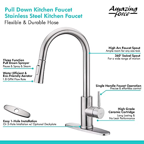 Amazing Force Touchless Kitchen Faucet With 2 Modes Pull Down Sprayer, Single Handle Automatic Motion Sensor Kitchen Sink Faucet With Fingerprints Resistant, Chrome 1.8 Gpm #TOP4