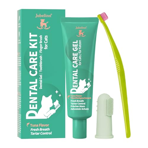 Jubelinn Zahnpflege Set für Katze - Zahnpasta mit Thunfischgeschmack - Frischen Atem - Beugt Zahnstein & Entzündungen vor - Katze Zahnbürste - Finger Zahnbürste - Dental Care Gel 60ml