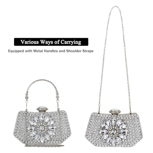 Image of Women's Sparkly Rhinestone Clutch Purse Evening Shoulder Bag | Crystal Glitter Sequin Handbag With Handle & Chain, Convertible Crossbody Bag For Bridal Wedding Party Prom or Formal Events